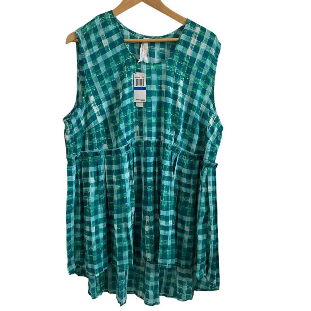 Melissa McCarthy Seven7 Ocean Plaid Sleeveless Empire Waist Tunic Top Plus 1X